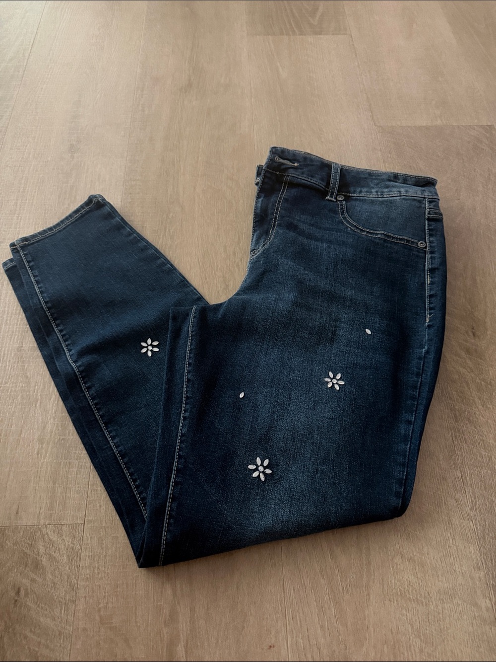 Maurices Dark Blue Straight Leg Jeans with White Daisy Embroidery